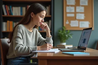 Jeune femme concentrée en étude avec notes et ordinateur