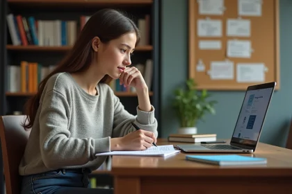 Jeune femme concentrée en étude avec notes et ordinateur