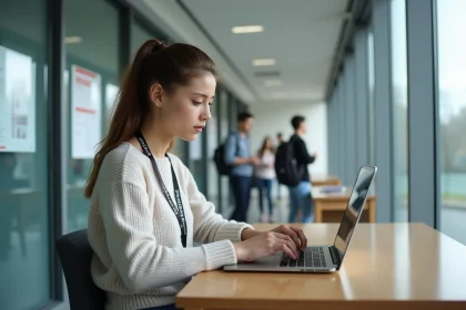 Jeune femme concentrée sur son ordinateur portable à l'université