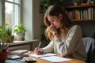 Jeune femme en bureau à domicile résolvant un problème de maths
