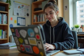 Jeune femme concentrée sur son ordinateur portable dans une chambre d'étudiant
