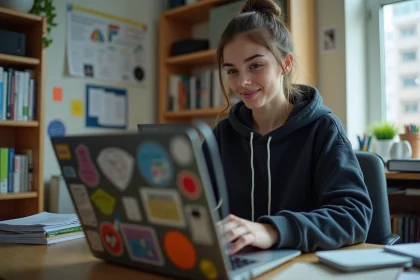 Jeune femme concentrée sur son ordinateur portable dans une chambre d'étudiant