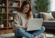 Jeune femme concentrée avec ordinateur dans un salon cosy