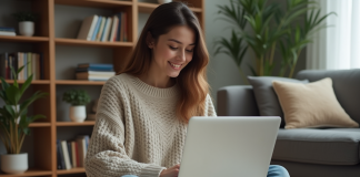 Jeune femme concentrée avec ordinateur dans un salon cosy