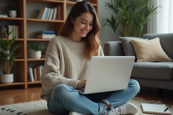 Jeune femme concentrée avec ordinateur dans un salon cosy
