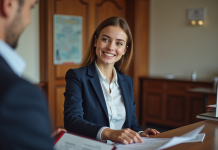 Aide de la mairie pour le permis de conduire : conditions et démarches en France Jeune femme à la mairie recevant des formulaires officiels