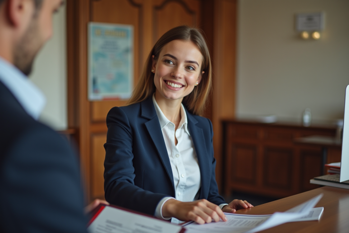 jeune-femme-mairie-formulaires Jeune femme à la mairie recevant des formulaires officiels