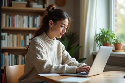 Jeune femme organisée avec son ordinateur dans un espace cosy