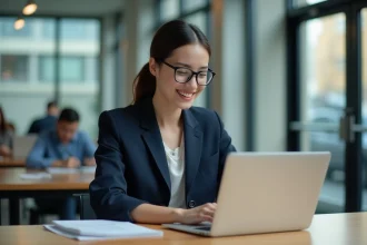 Jeune femme professionnelle en blazer dans un espace universitaire
