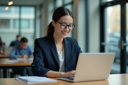 Jeune femme professionnelle en blazer dans un espace universitaire