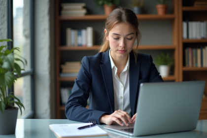 Jeune femme professionnelle met à jour son CV bilingue sur un ordinateur