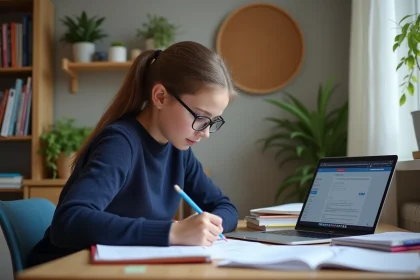 Jeune fille concentrée à son bureau en chambre