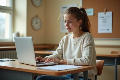 Jeune femme concentrée à son bureau pour rattrapage scolaire