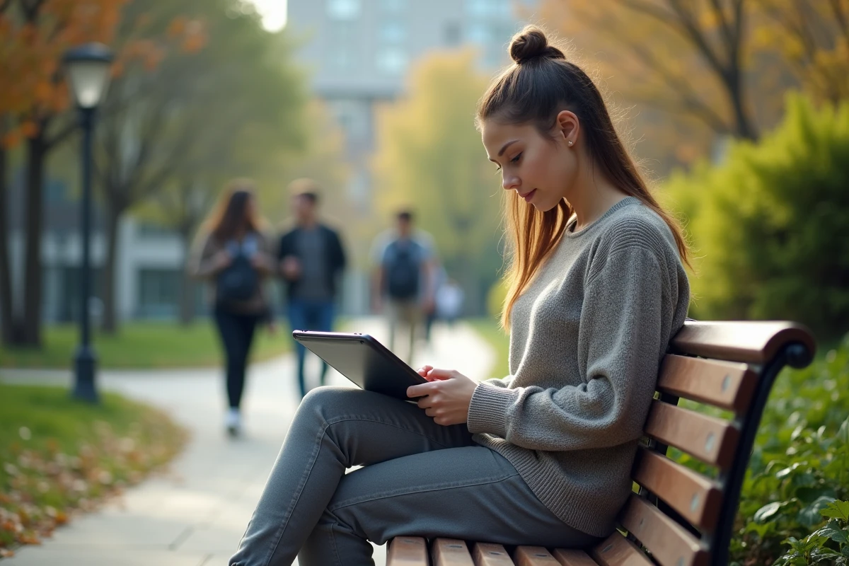 Jeune étudiante concentrée avec une tablette en plein air
