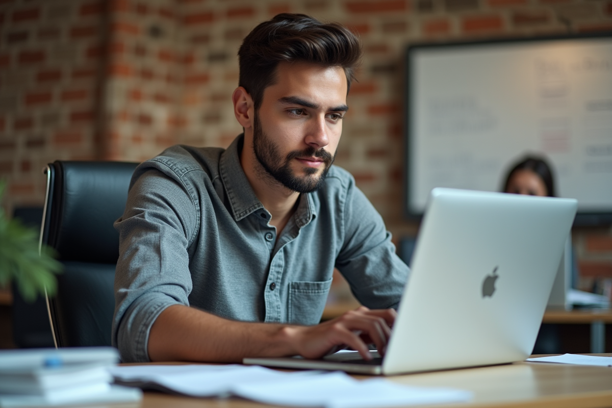 Jeune homme saisit des chiffres sur un logiciel de comptabilite au bureau