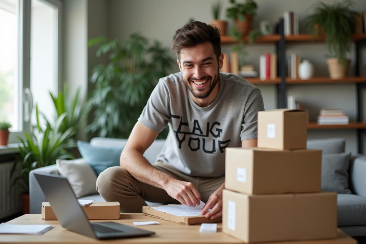 Jeune homme souriant emballant des colis dans un salon moderne