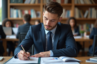 Jeune homme en costume dans une bibliothèque moderne