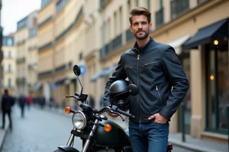Jeune homme avec une moto 125cc garé dans une rue pavée urbaine en France