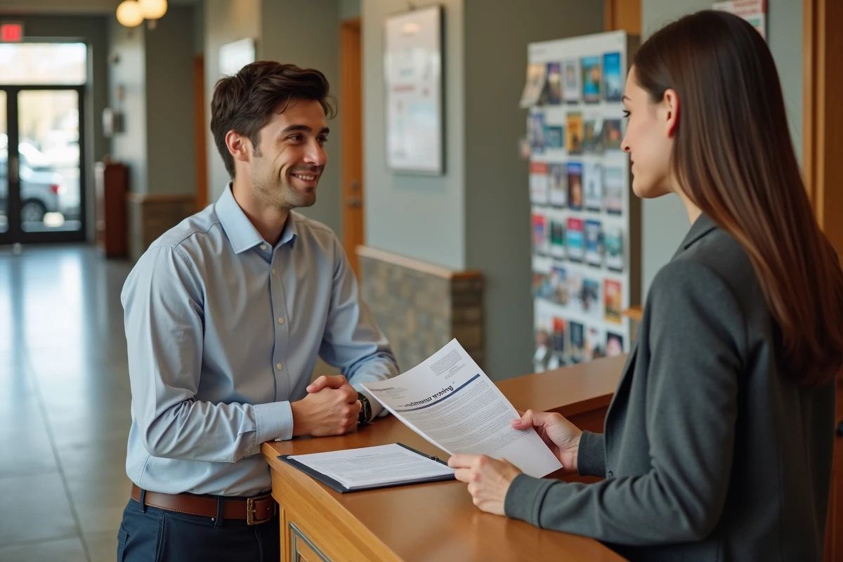 Jeune homme discute avec un agent municipal dans un hall de mairie