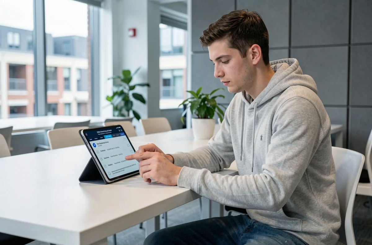 Jeune homme consultant le classement 2026 des écoles d'ingénieurs sur tablette avant les choix Parcoursup