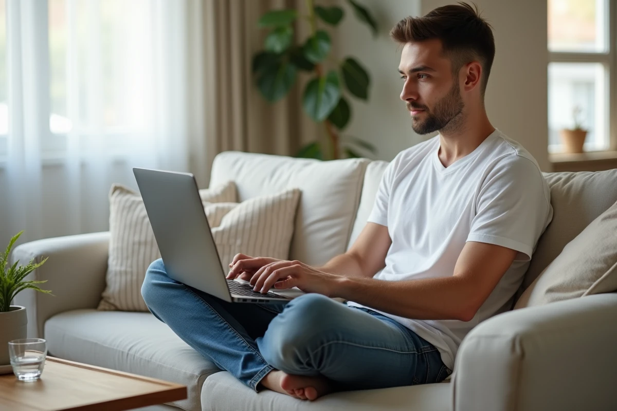 Jeune homme passant un test de QI gratuit en ligne sur son ordinateur portable dans son salon