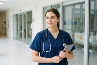 Jeune femme infirmière en blouse médicale dans un couloir d'hôpital moderne tenant une tablette numérique