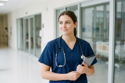 Jeune femme infirmière en blouse médicale dans un couloir d'hôpital moderne tenant une tablette numérique