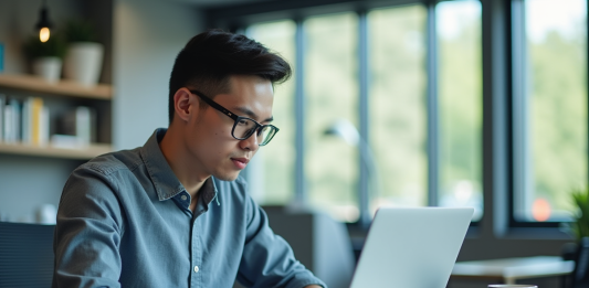 Métiers en V : comment s’y préparer et réussir son insertion professionnelle Jeune professionnel au bureau moderne utilisant un ordinateur portable