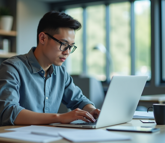 Jeune professionnel au bureau moderne utilisant un ordinateur portable