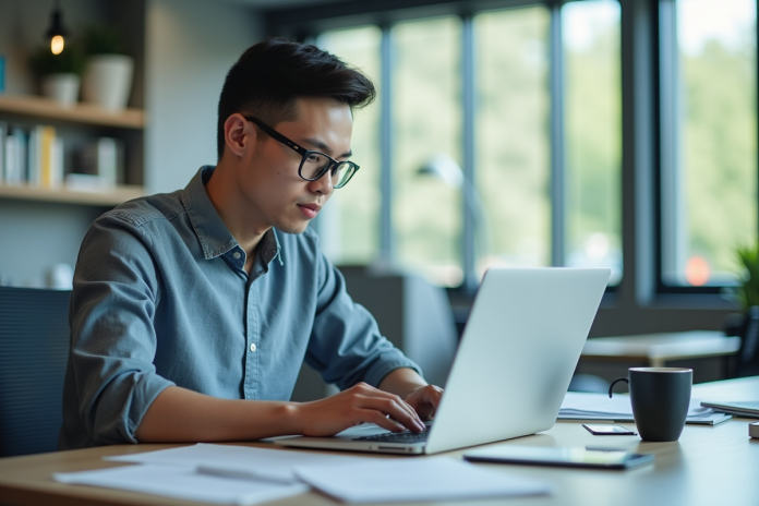 Jeune professionnel au bureau moderne utilisant un ordinateur portable