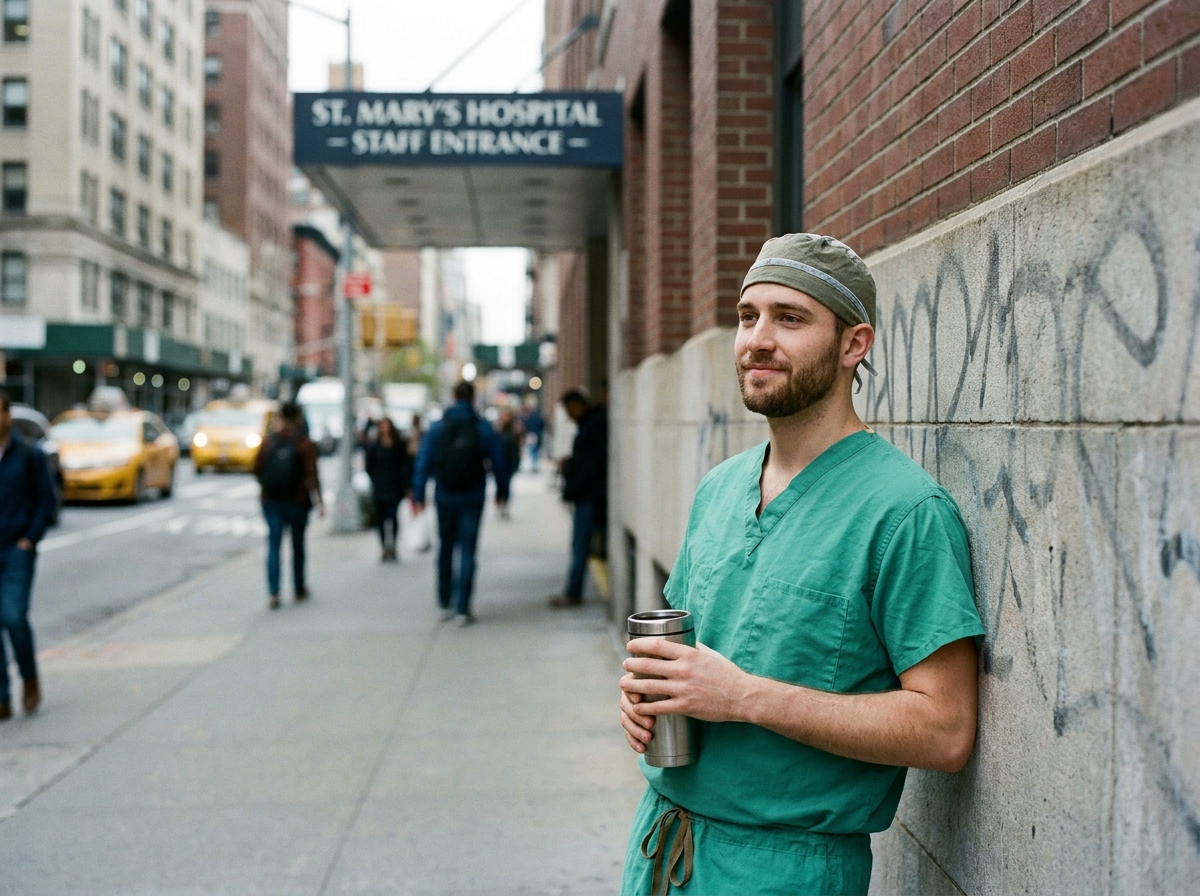 Jeune professionnel de santé en tenue chirurgicale faisant une pause café devant un hôpital en milieu urbain