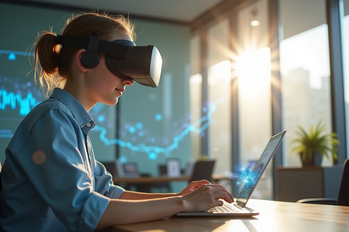 Jeune professionnel utilisant un casque VR dans un bureau lumineux