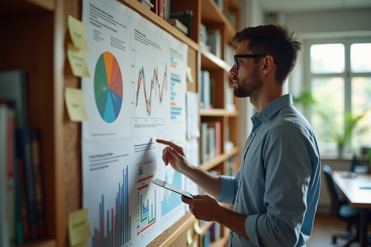 Jeune statisticien analysant des données sur un tableau d