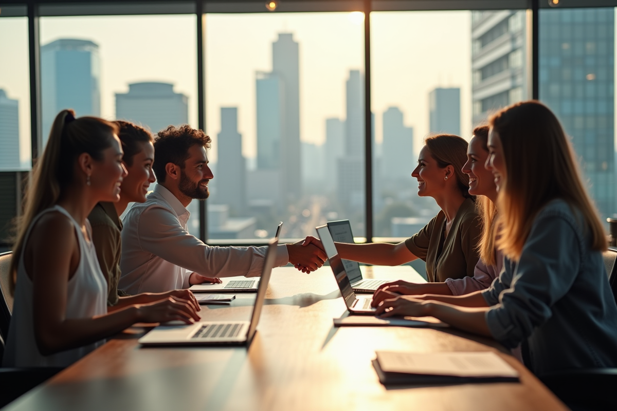 Jeunes entrepreneurs se serrant la main dans un espace moderne