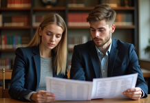 Les évolutions du classement des Sciences Po : tendances et changements majeurs Jeune femme et homme lisant des classements universitaires dans une bibliothèque