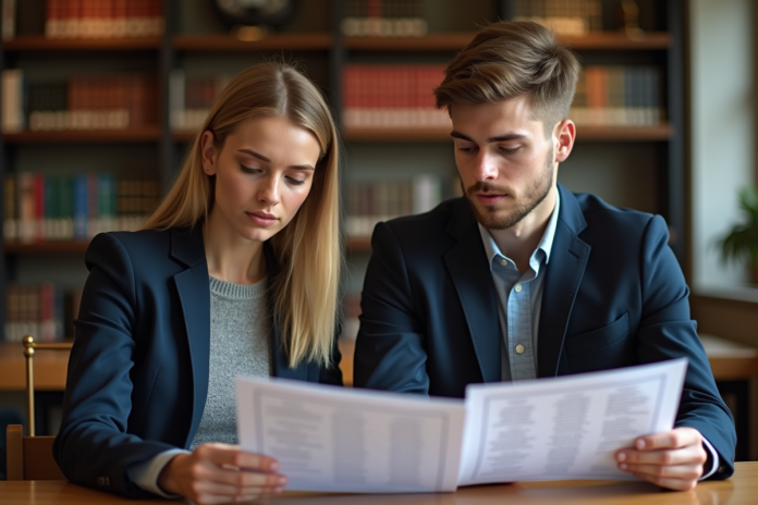 jeunes-etudiants-lecture-universitaire Jeune femme et homme lisant des classements universitaires dans une bibliothèque