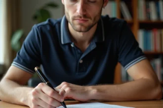 Jeune homme rédigeant une lettre de motivation manuscrite à son bureau pour une candidature à la gendarmerie