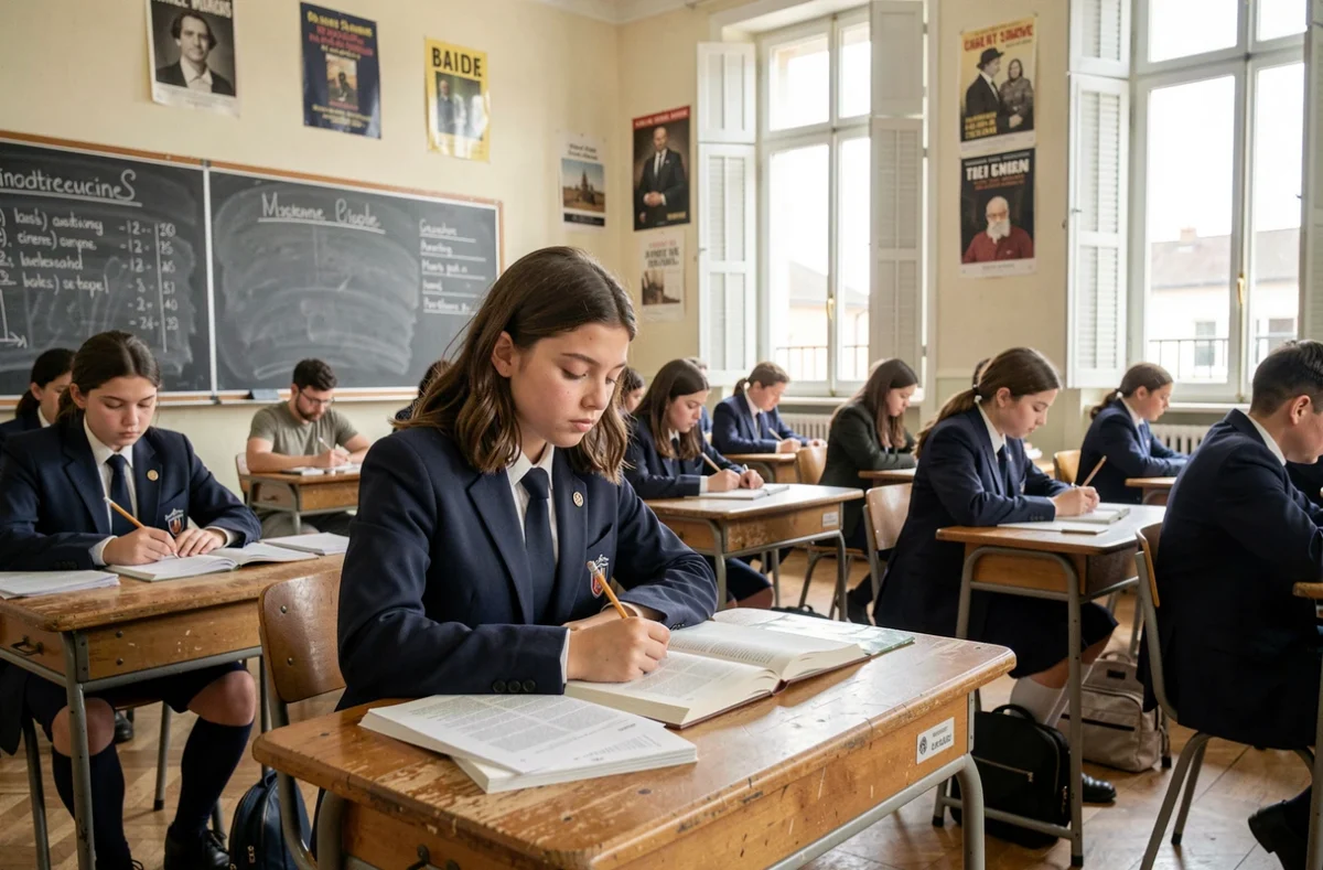 Élève du Lycée Le Castel de Dijon concentrée sur ses cours dans une salle de classe traditionnelle