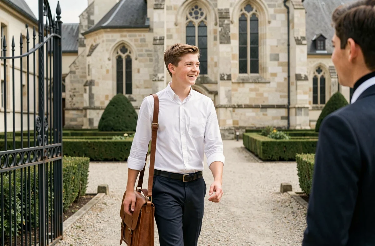 Élève du Lycée Privé Saint-Bénigne de Dijon traversant la cour intérieure de l'établissement