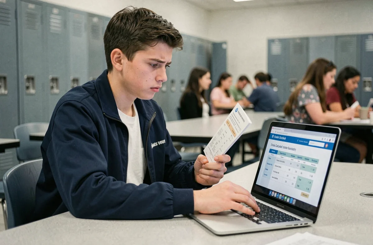 Lycéen consultant un convertisseur de notes en ligne sur un ordinateur portable avec son bulletin scolaire