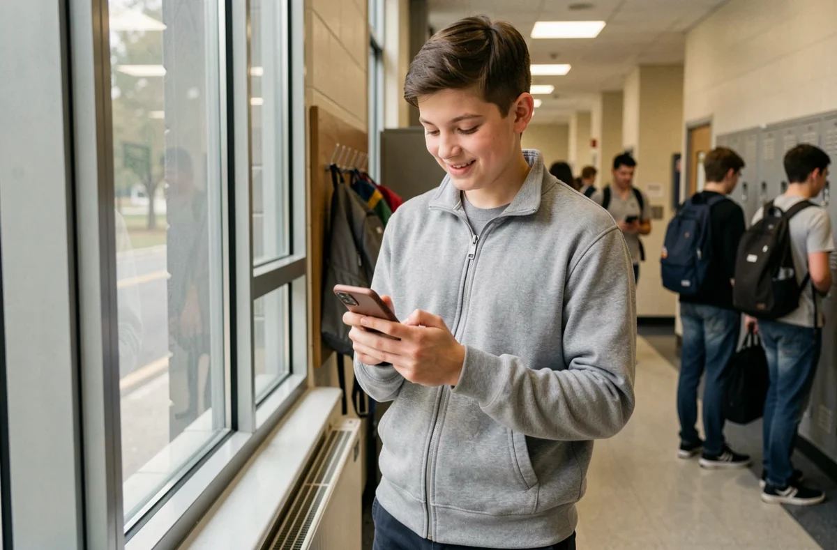 Lycéen consultant la plateforme Lycée Connecté sur son smartphone dans un couloir d'établissement scolaire