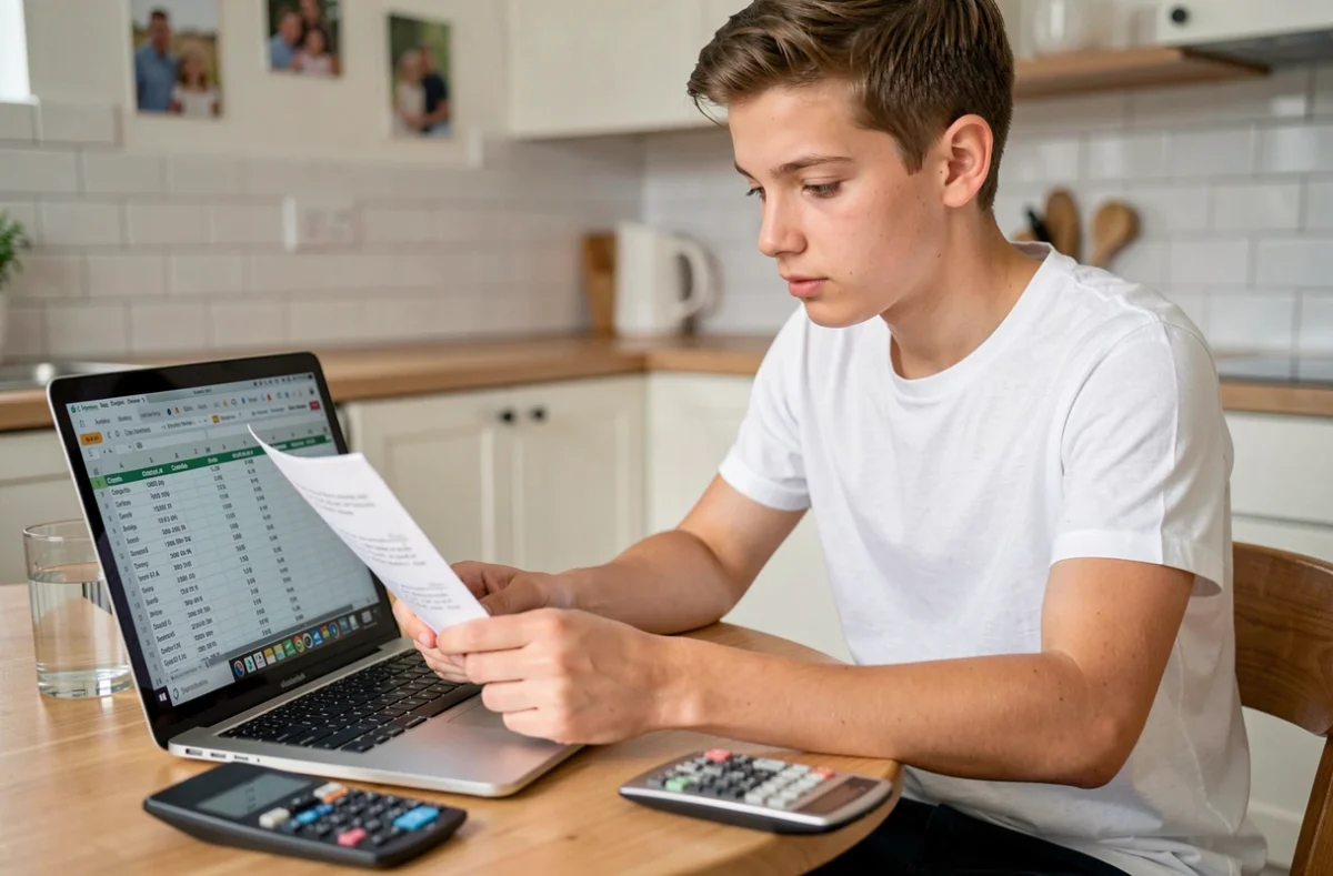 Lycéen calculant sa moyenne générale avec coefficients sur ordinateur et calculatrice à la maison