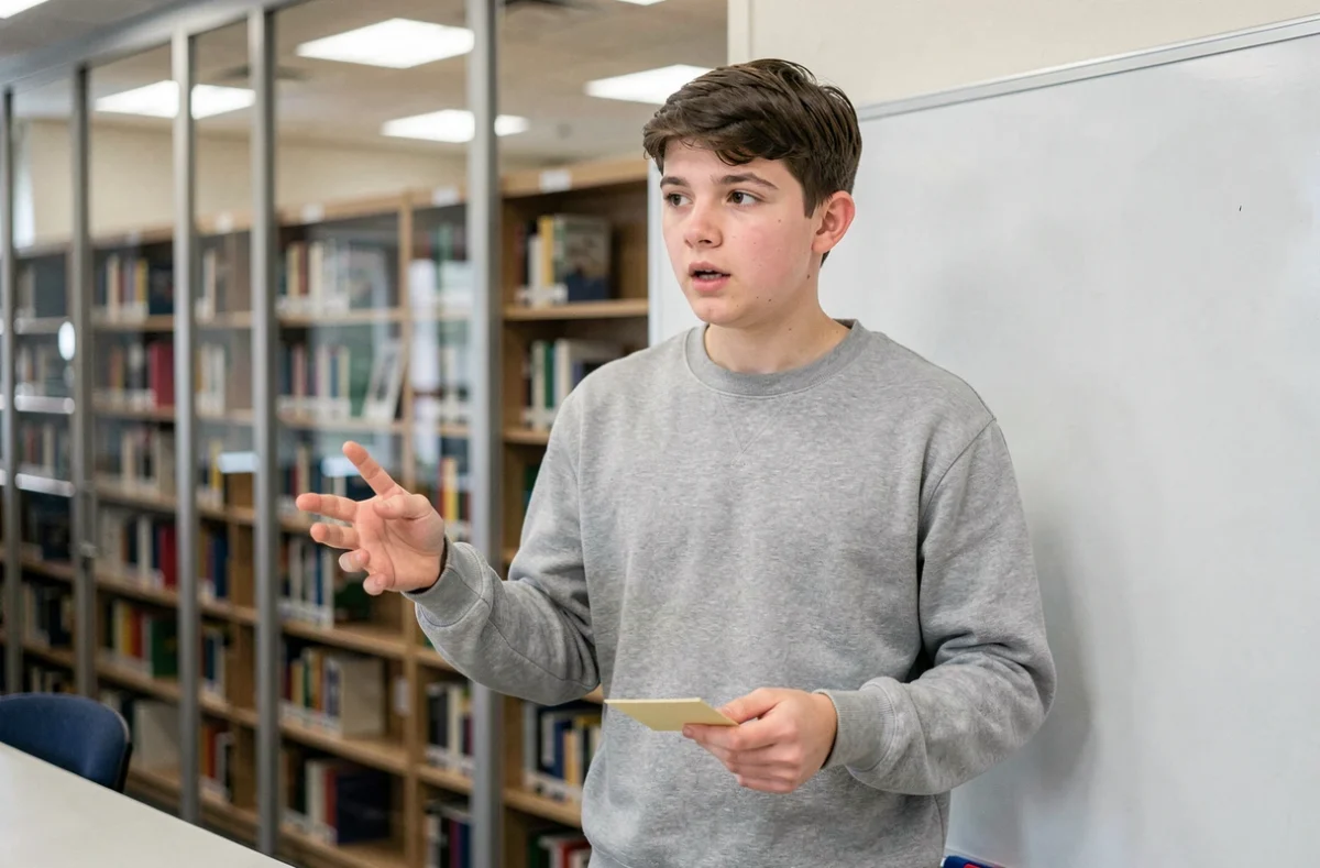Lycéen s'entraînant à l'oral de philosophie pour le grand oral du bac devant un tableau blanc