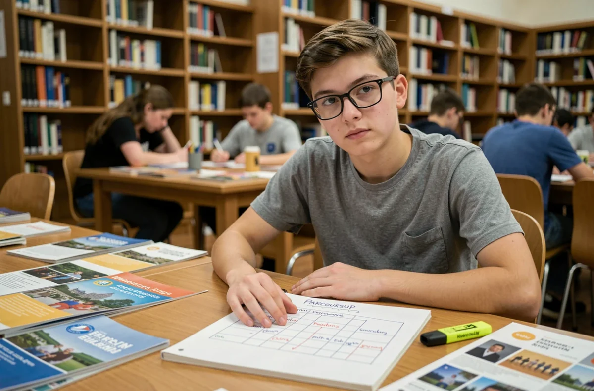 Lycéen avec lunettes révisant son dossier Parcoursup dans une bibliothèque universitaire