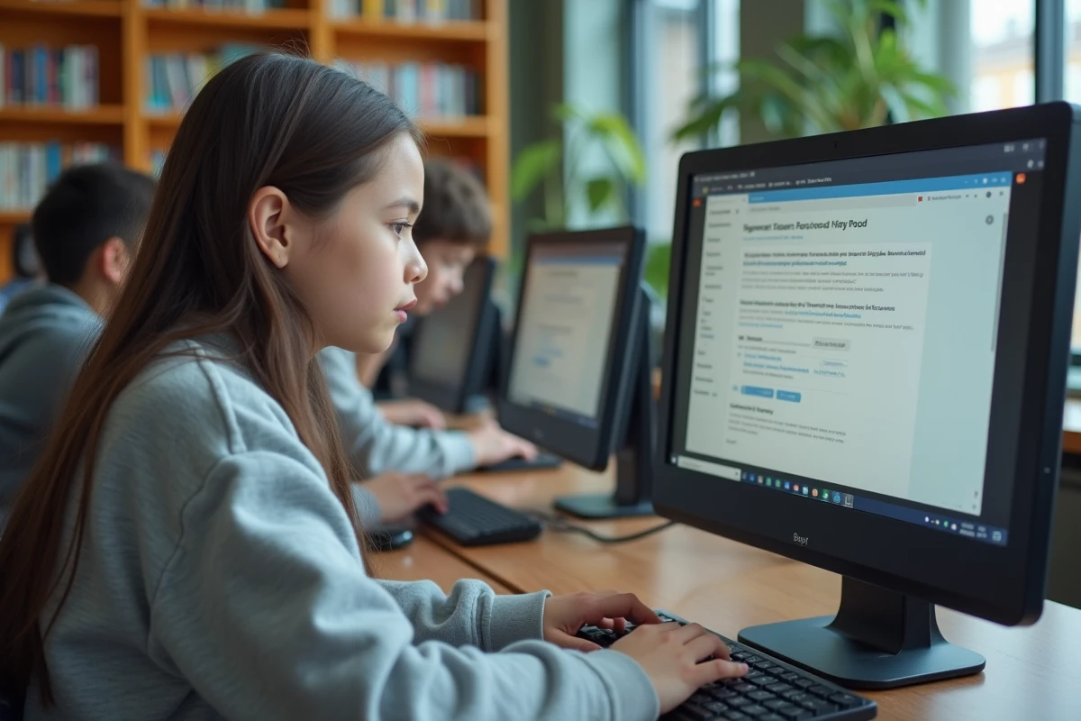 Lycéenne activant son compte PSN Mon Lycée sur un ordinateur dans la bibliothèque scolaire