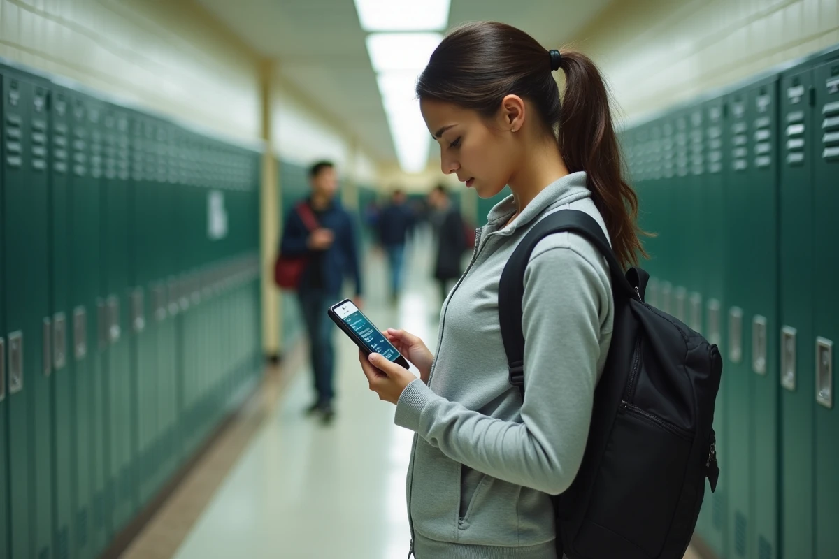 Lycéenne consultant son agenda ENT45 sur smartphone dans un couloir d'école