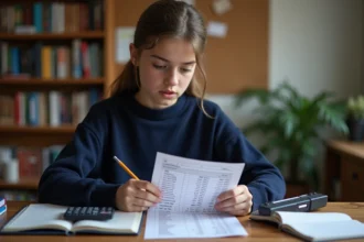 Lycéenne calculant sa moyenne pondérée avec coefficients sur un bulletin de notes scolaire posé sur un bureau en bois