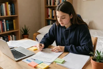 Lycéenne consultant sa fiche de suivi Parcoursup sur un bureau organisé avec documents et ordinateur portable