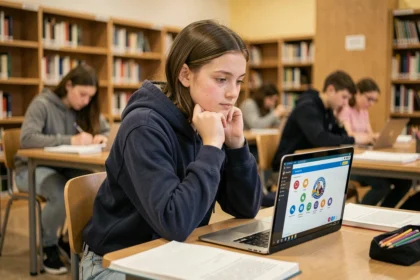 Lycéenne utilisant Lycée Connecté sur un ordinateur portable dans une bibliothèque scolaire en Nouvelle-Aquitaine