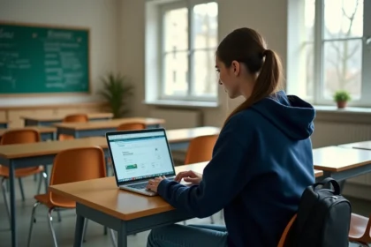 Lycéenne connectée au portail ENT91 sur un ordinateur portable dans une salle de classe française